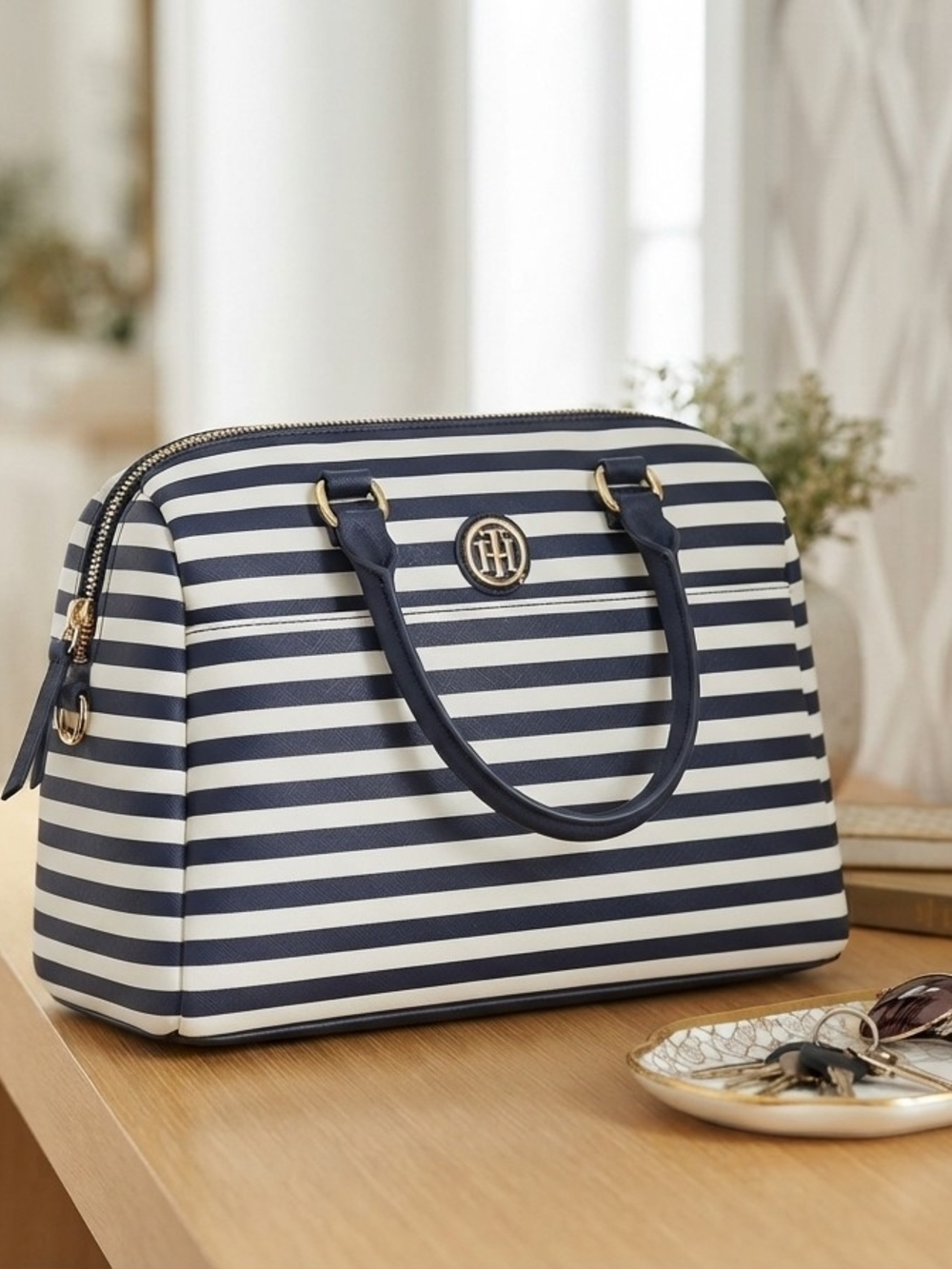 Tommy Hilfiger Navy and White Striped Dome Satchel